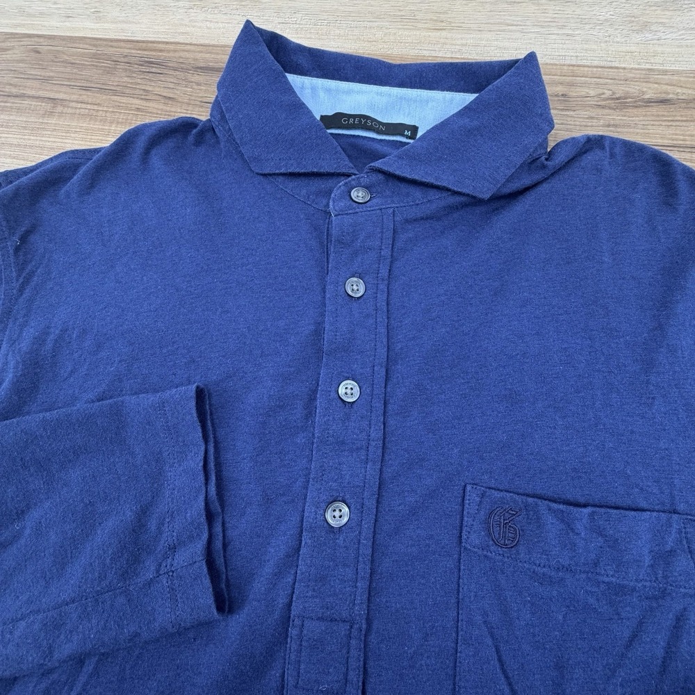 Greyson Golf Polo Long Sleeve Blue Diamond Creek Logo Pocket Mens Medium Stretch